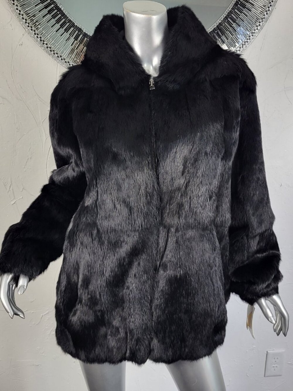 NWT~$600~ADRIENNE LANDAU~M/L~BLACK GENUINE REAL RABBIT FUR BOMBER JACKET COAT - Picture 9 of 16